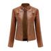 Scyoekwg Leather Jacket Womens Slim Leather Stand Collar Zip Motorcycle Suit Belt Coat Jacket Tops Trendy Tops Gold XXXL