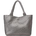 Queenoris Gewebte Tasche für Frauen, Mode Top Griff Umhängetasche Veganes Leder Shopper Tasche Große Reisetasche, silber