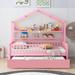 Cute Wooden Twin House Bed with Trundle, Kids Bed Wood Platform Bed Frame with Safety Guardrail & Storage Shelf, Pink
