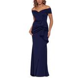 Off The Shoulder Ruffle Scuba Gown - Blue - Xscape Dresses