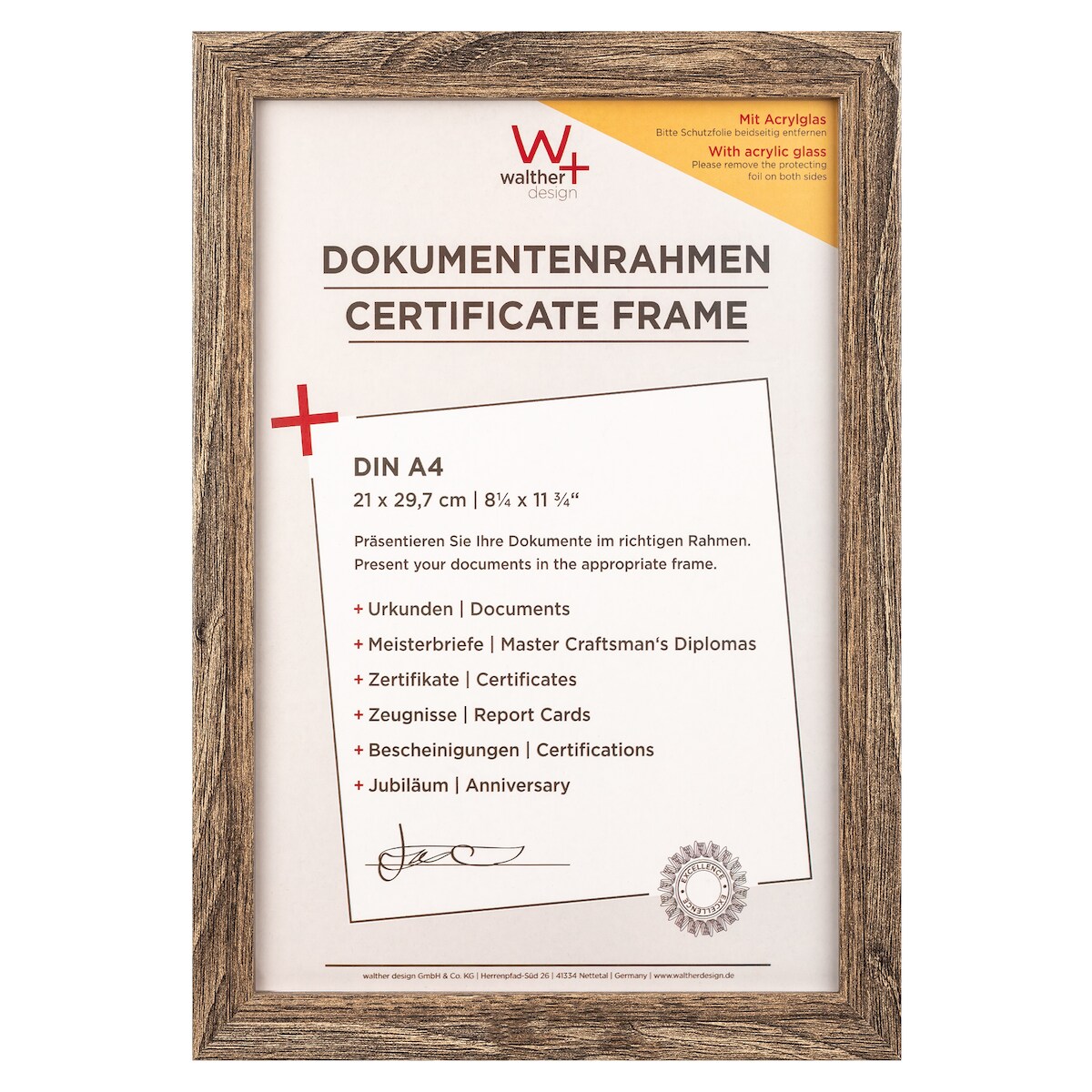 walther + design Fiorito Holz Bilderrahmen Kunstglas, 21x29,7 cm, nussbaum Image