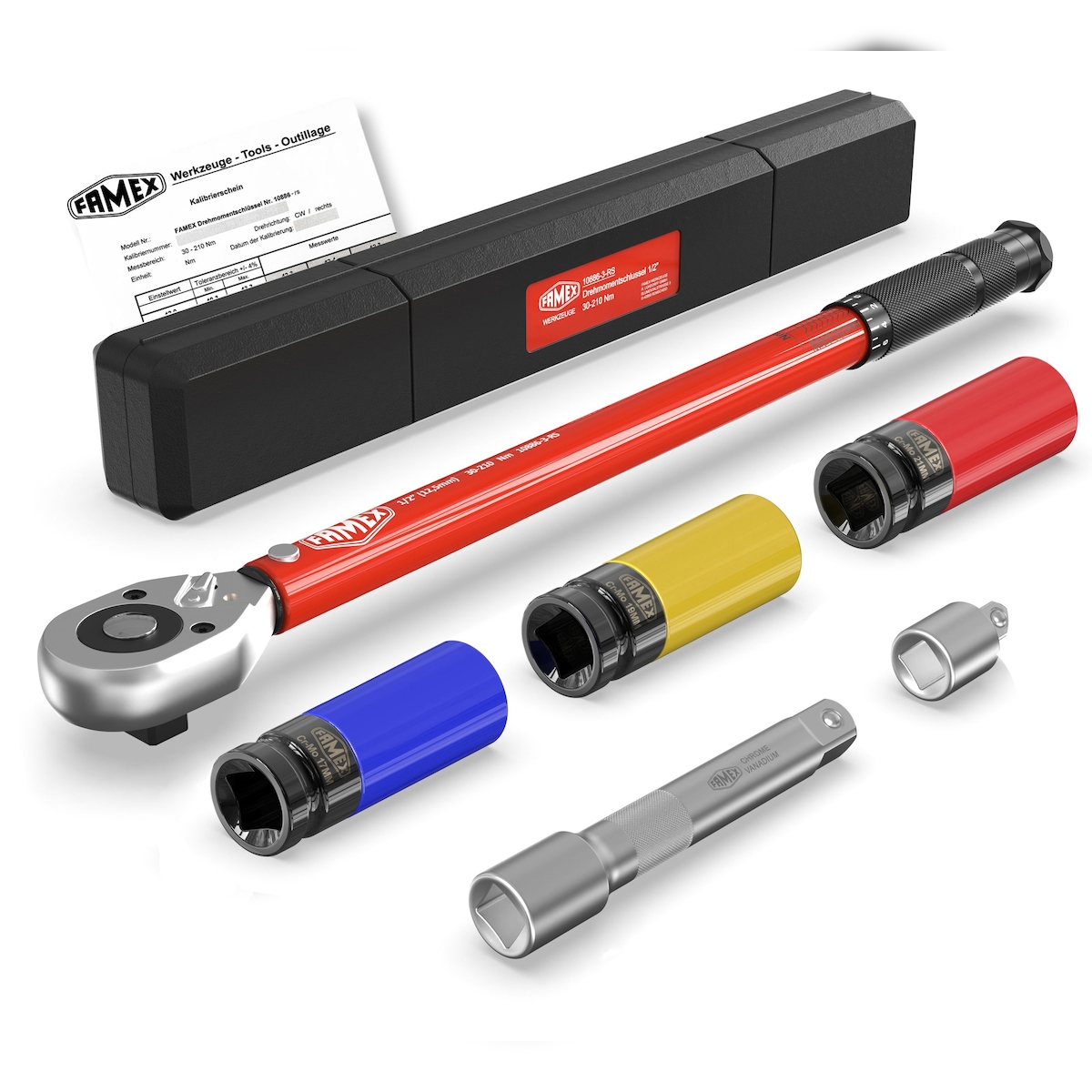 FAMEX Werkzeuge FAMEX 10886-3-RS Drehmomentschlüssel Set 1/2 Zoll, ±4%, 30-210 Nm - mit Spezial-Einsätze für Radschrauben Image