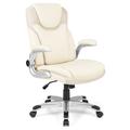 Costway Ergonomic Office PU Leather Executive Chair with Flip-up Armrests and Rocking Function-White