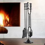 5 Pcs Wrought Iron Fireplace Tools Set Fire Place Set Tools Include Poker Tongs Shovel Brush and Stand Accessories Set for Outdoor/Indoor Black