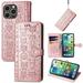 Allytechgroup Flip Wallet Case [Cat & Dog Cute Embossed Pattern] for iPhone 15 Pro Max with Card Slots Cash Holder Magnetic Clasp Shockproof Kickstand Cover with Hand Strap Rosegold