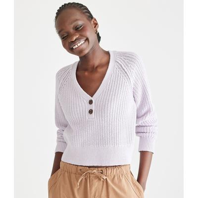 Aeropostale Womens' Ribbed Cropped V-Neck Henley Sweater - Purple - Size S - Cotton