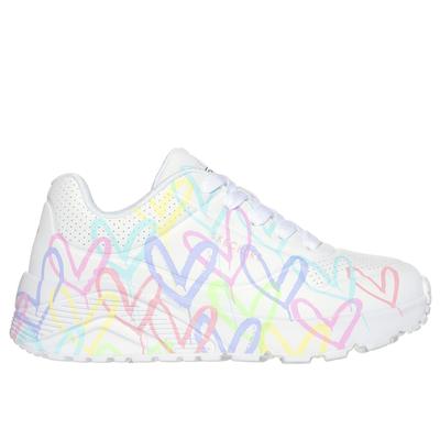 Skechers Girl's JGoldcrown: Uno Lite - Spread the Love Sneaker | Size 4.0 | White/Pink Turquoise | Synthetic | Machine Washable