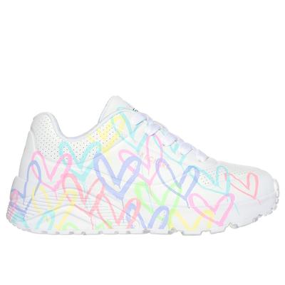 Skechers Girl's JGoldcrown: Uno Lite - Spread the Love Sneaker | Size 3.0 | White/Pink Turquoise | Synthetic | Machine Washable
