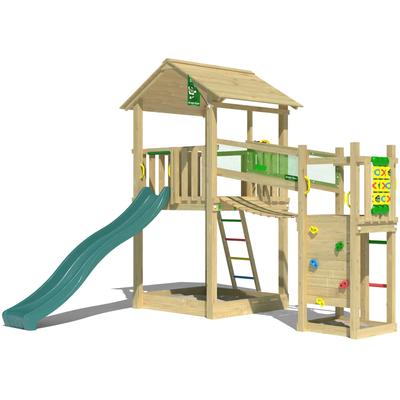 Spielturm JUNGLE GYM "Fortress", grün (dunkelgrün), Spieltürme, KinderB:373cm H:318cm T:397cm, Holzwerkstoff, Spielanlage mit 2 Türmen, Brücke und Rutsche mit Wasseranschluss, B:373cm H:318cm T:397cm