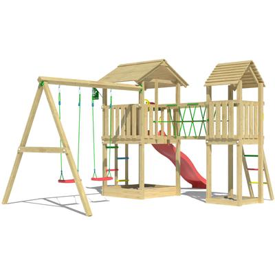 Spielturm JUNGLE GYM "Nova", rot, Spieltürme, KinderB:524cm H:280cm T:350cm, Holzwerkstoff, Spielanlage mit 2 Türmen, Schaukel und Rutsche mit Wasseranschluss, B:524cm H:280cm T:350cm