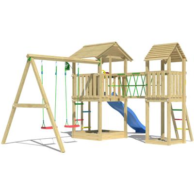 Spielturm JUNGLE GYM "Nova", blau, Spieltürme, KinderB:524cm H:280cm T:350cm, Holzwerkstoff, Spielanlage mit 2 Türmen, Schaukel und Rutsche mit Wasseranschluss, B:524cm H:280cm T:350cm