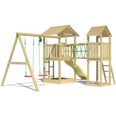 Spielturm JUNGLE GYM "Nova", gelb, Spieltürme, KinderB:524cm H:280cm T:350cm, Holzwerkstoff, Spielanlage mit 2 Türmen, Schaukel und Rutsche mit Wasseranschluss, B:524cm H:280cm T:350cm