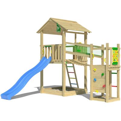 Spielturm JUNGLE GYM "Fortress", blau, Spieltürme, KinderB:373cm H:318cm T:397cm, Holzwerkstoff, Spielanlage mit 2 Türmen, Brücke und Rutsche mit Wasseranschluss, B:373cm H:318cm T:397cm