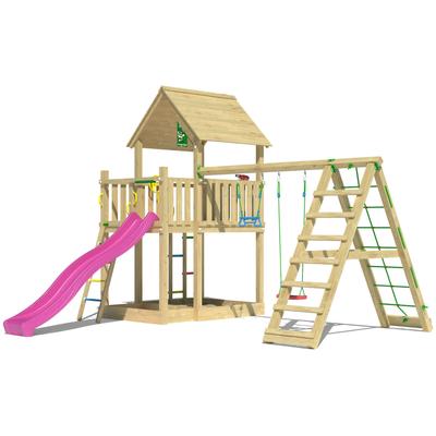 Spielturm JUNGLE GYM "Majesty", pink (fuchsia), Spieltürme, KinderB:435cm H:349cm T:452cm, Holzwerkstoff, Spielanlage mit Schaukel, Kletterbock und Rutsche mit Wasseranschluss, B:435cm H:349cm T:452cm