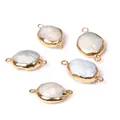 3PCS White Natural Pearl Pendant Gold Color Edg Coin Flat Pearl Charms Double Hole Connectors For