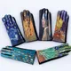 Fashion Oil Painting Suede Leather Print Touch Screen Full Finger Driving Mitten Women Winter Plus