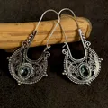 New Vintage Silver Color Hook Earrings For Women Boho Retro Aquamarine Blue Stone Flower Hollow