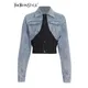 TWOTWINSTYLE Patchwork Denim Colorblock Jacket Women Lapel Collar Long Sleeve Casual Coats Tops