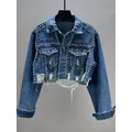 Womens Denim Jacket 2023 Spring Summer New In Heavy Industry Rivet Studded Jean Jacket Women Worn