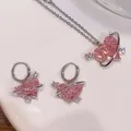 New Fashion Earrings Necklaces Set for Women Heart-shaped Zircon Pink Crystal Pendant Necklace