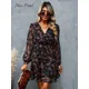 MISS PETAL Black Floral Chiffon A-Line Mini Dress Woman Sexy V-neck Long Sleeve Party Dress 2023