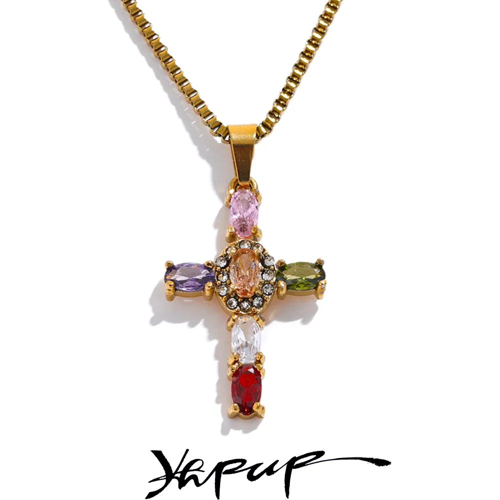 Yhpup Zarte Bunte Bling Zirkonia Kreuz Anhänger Edelstahl Luxus Halskette Hochwertige Mode Glänzenden Schmuck Geschenk Image
