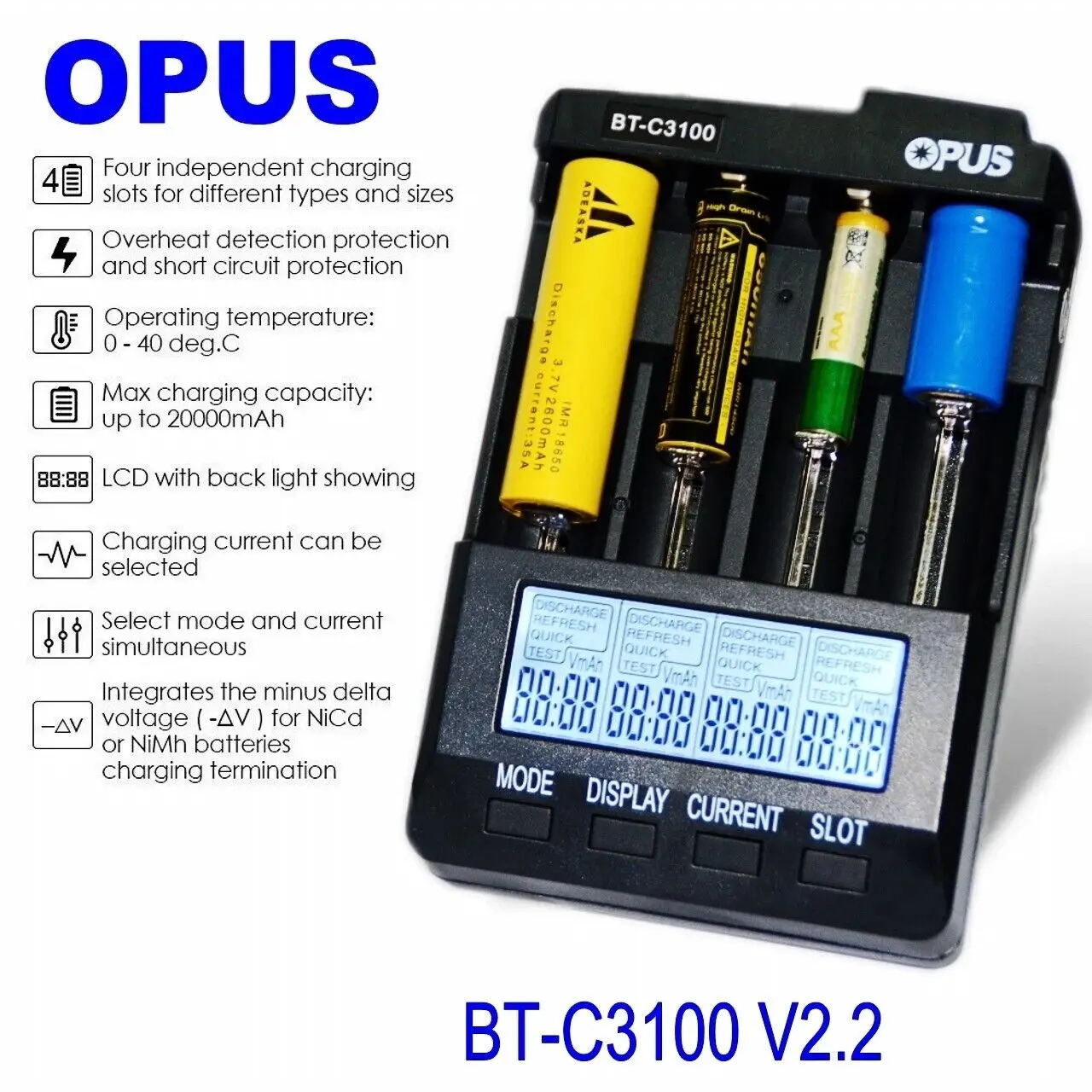 Standard-Batterieladegerät Opus BT-C3100 V2.2 Digital Intelligent 4 Steckplätze AA/AAA LCD-Batterieladegerät Werkzeugteile Image