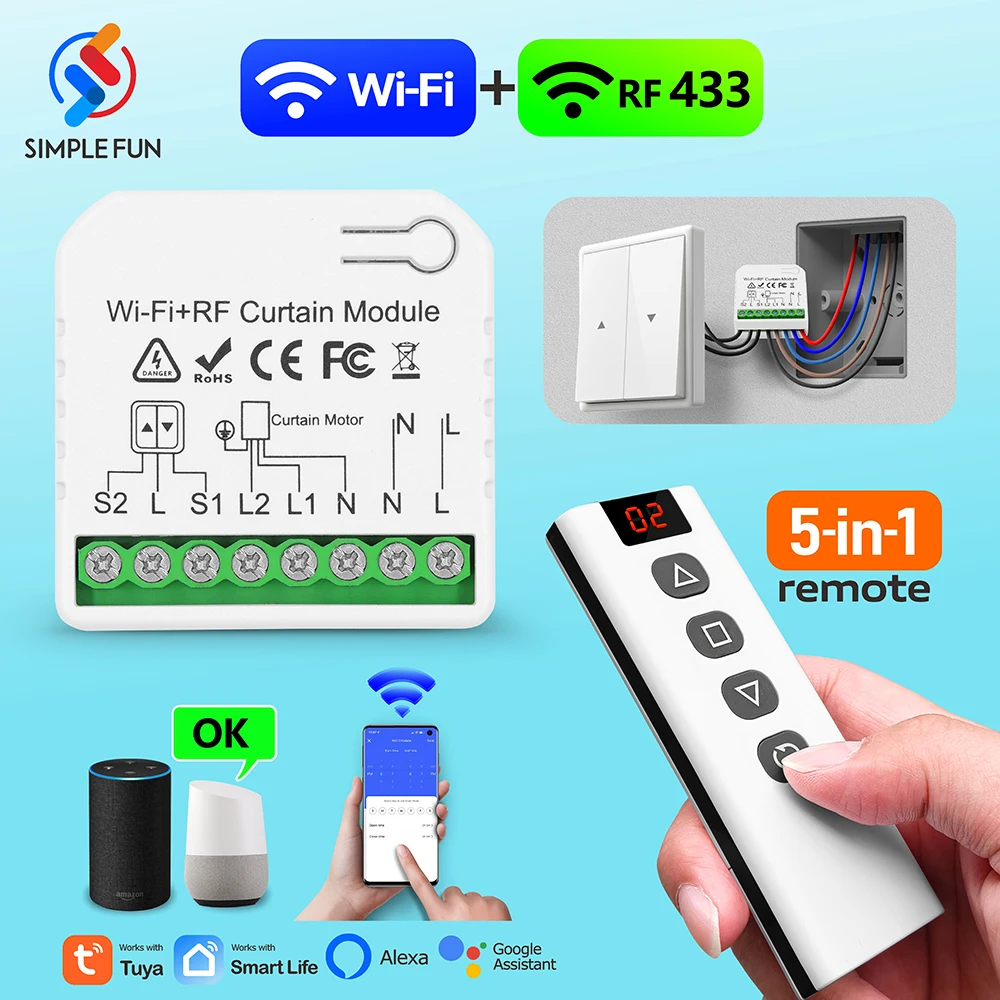 Intelligenter Rolladen-Schalter von Tuya/Smart Life mit WiFi und RF, 110V/220V. Für Rollladen/Jalousie. Timerfunktion. 5-in-1-Fernbedienung. Funktioniert mit Google Home und Alexa