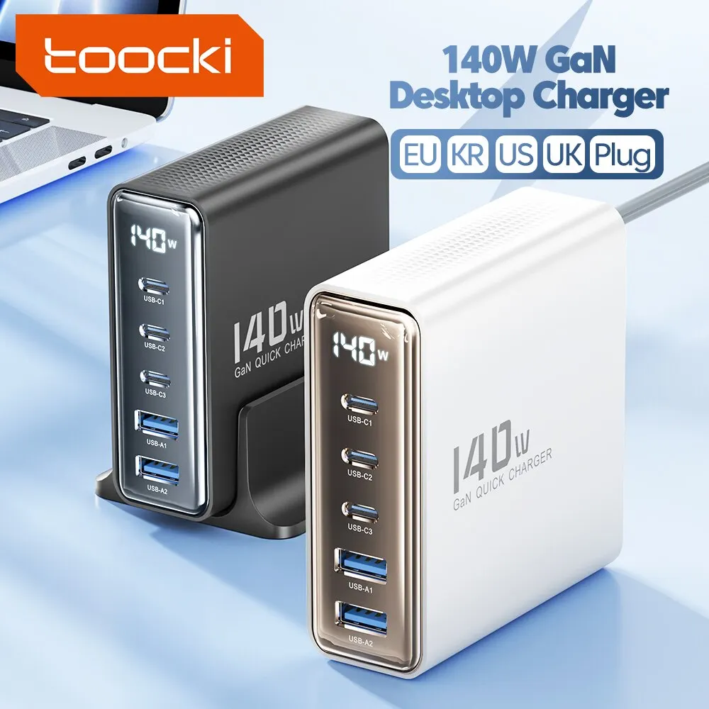 Toocki 140w gan usb ladegerät 5 in1 desktop schnell aufladen usb typ c ladegerät led display ladegerät für iphone xiaomi smartphone laptop Image
