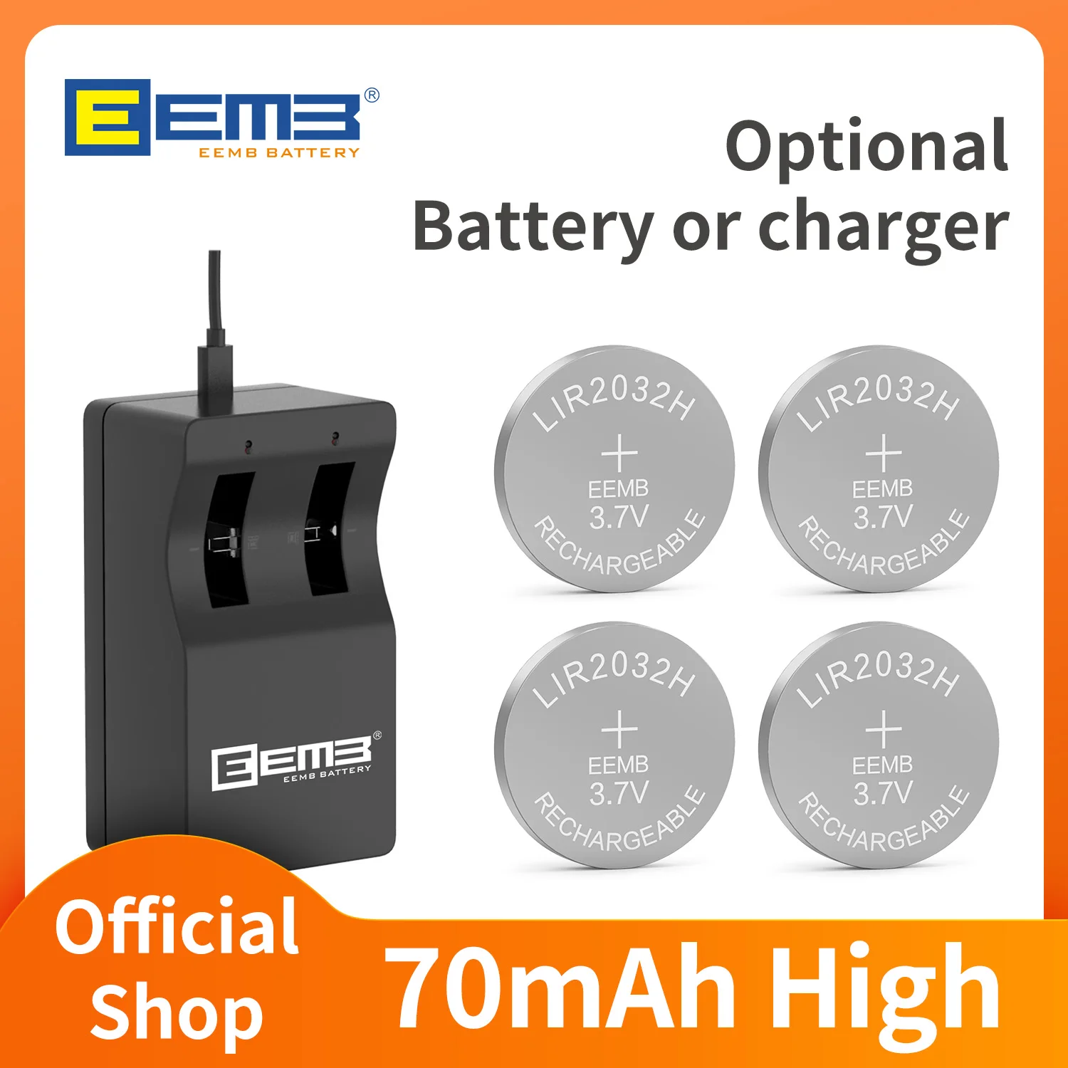 EEMB LIR2032H Knopfbatterie 70 mAh mit Ladegerät (optional) 2032 3,7 V wiederaufladbare Batterie Lithium-Zellen-Knopfbatterien für Autoschlüssel Image