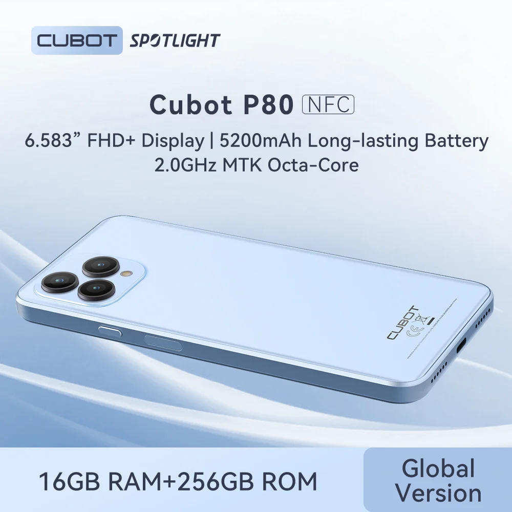 Cubot P80, Smartphone Android 13, Global Version, 16GB RAM (8GB + 8GB erweitert), 256GB ROM(unterstützt 1 TB erweitert), NFC, 6,583 Zoll FHD+-Bildschirm, 5200 mAh, 48MP Kamera, 4G handys, Dual SIM