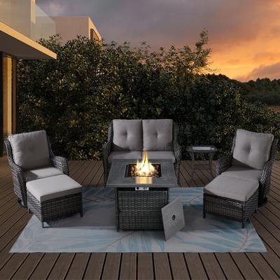 Fire Pit Table with PE Loveseat Swivel Chair