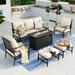 Summit Living 6 Pieces Patio Conversation Set with 45 Rectangle Fire Pit Outdoor Furniture Metal Sofa Beige Cushions