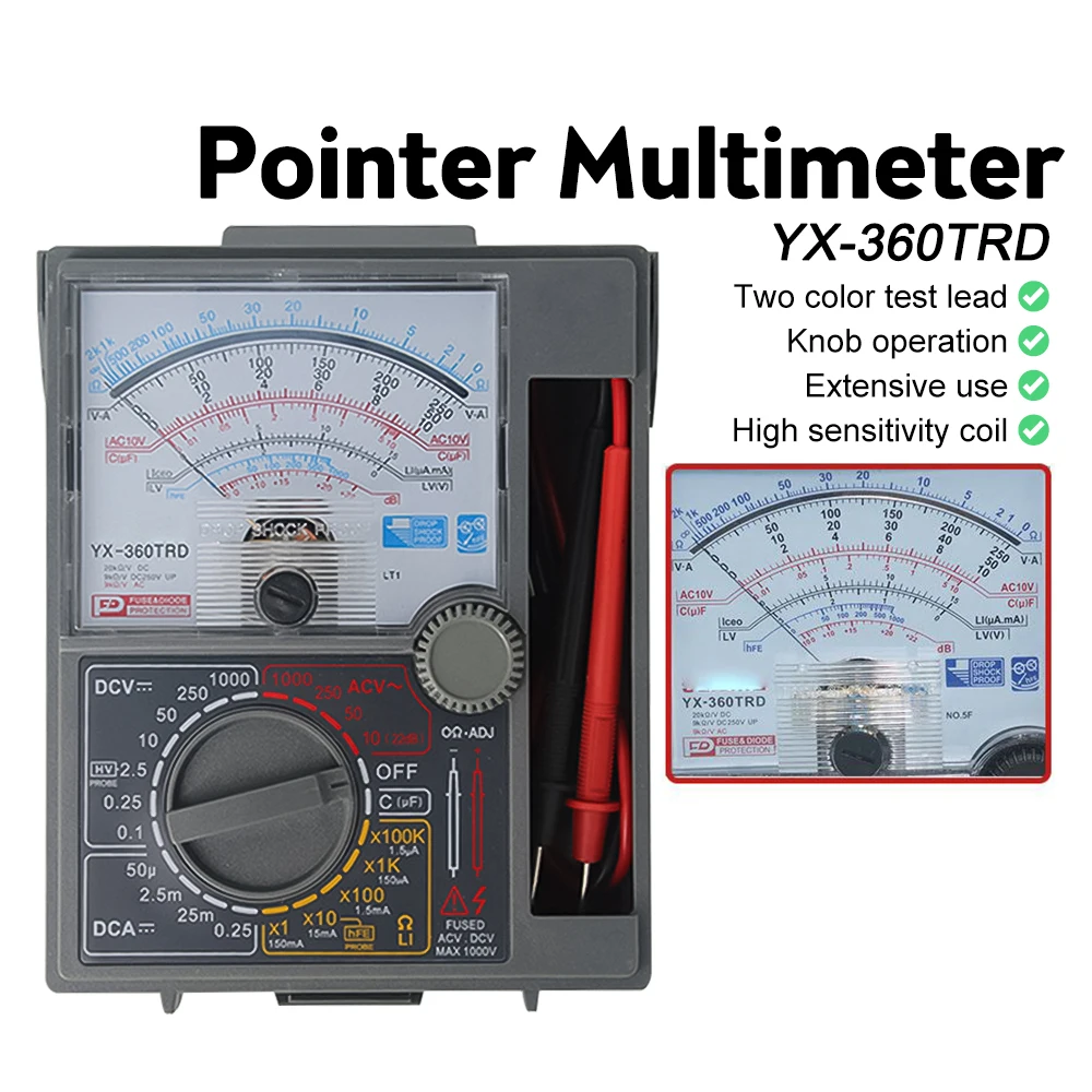 YX-360TRD Analoges Multimeter mit Prüfspitze, AC/DC-Spannung, Strom, Zeiger, Multimeter-Tester, hochpräziser Dioden-Ohm-Tester Image