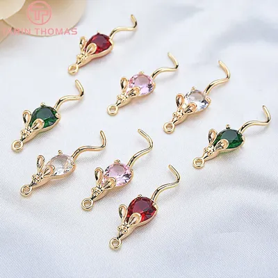 (1041) 4 Stück 28x7mm 24 Karat vergoldet mit Zirkon Maus Anhänger Charms hochwertige DIY Schmuck