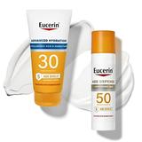 Eucerin Sun Advanced Hydration Spf 30 Sunscreen Lotion + Age Defense Spf 50 Face Lotion Multipack (5 Oz. Body Lotion + 2.5 Oz Face Lotion).