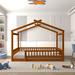 Full Size Wood House Bed Frame Playhouse Platform Bed w/ Fence, Walnut