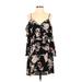 Aqua Casual Dress - Mini V Neck 3/4 sleeves: Black Floral Dresses - Women's Size Small