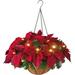 Artificial Christmas Hanging Basket Silk Flower with 12 inch Flowerpot Centerpieces Decorated with Poinsettia and LED Light String Hanging Flowers Baskets for Outdoors Indoors Courtyard Decor