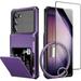 Galaxy S23 Case Wallet Cover with Screen Protector Silicone Bracelet for 4-Card Credit Holder ID Slot Scratch Resistant Protective Hard Shell Rugged TPU Bumper Armor Case 6.1 GreyPurple