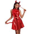 Women Metallic Rave Outfits Devil Costume Shiny Crop Top Skirt/Shorts Horn Headband Cosplay Set, Red-mock, Small