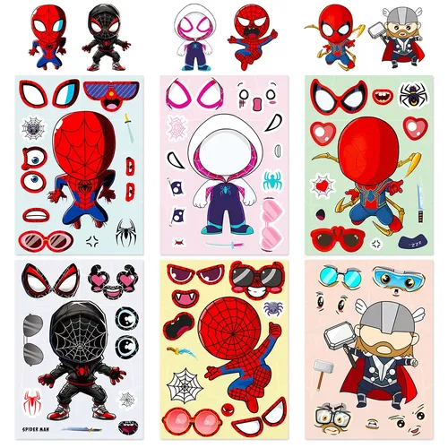 6/12 Blatt Disney Cartoon Spiderman Puzzle Aufkleber Make-a-Face Aufkleber montieren Puzzle coole