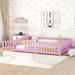 Full Size Minimalist Wooden Toddler Floor Bed w/ Fence & Door, Pink