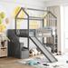 Twin Size Loft Bed w/Slide, Stairs with 2 Drawers, Wooden House Loftbed w/Stairway&Roof, Playhouse Bedframe for Teens Kids, Gray