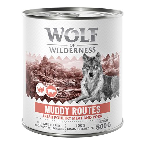 6 x 800 g Senior Muddy Routes Geflügel mit Schwein Wolf of Wilderness getreidefreies Hundefutter…