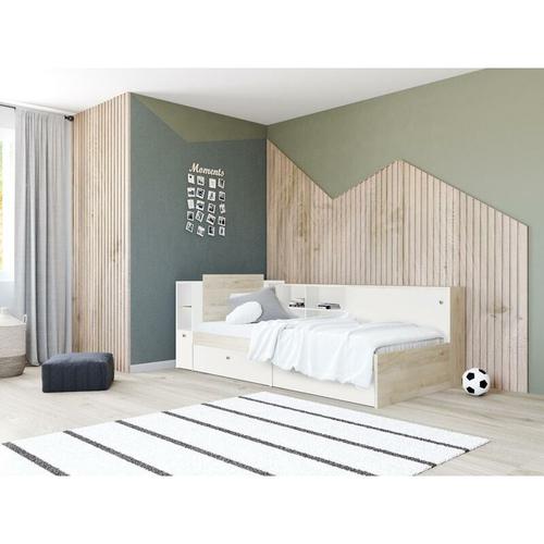 Kombi-Bett mit Stauraum – 90 x 190/200 cm – Weiß & Holzfarben – liara – Naturfarben hell, Weiß