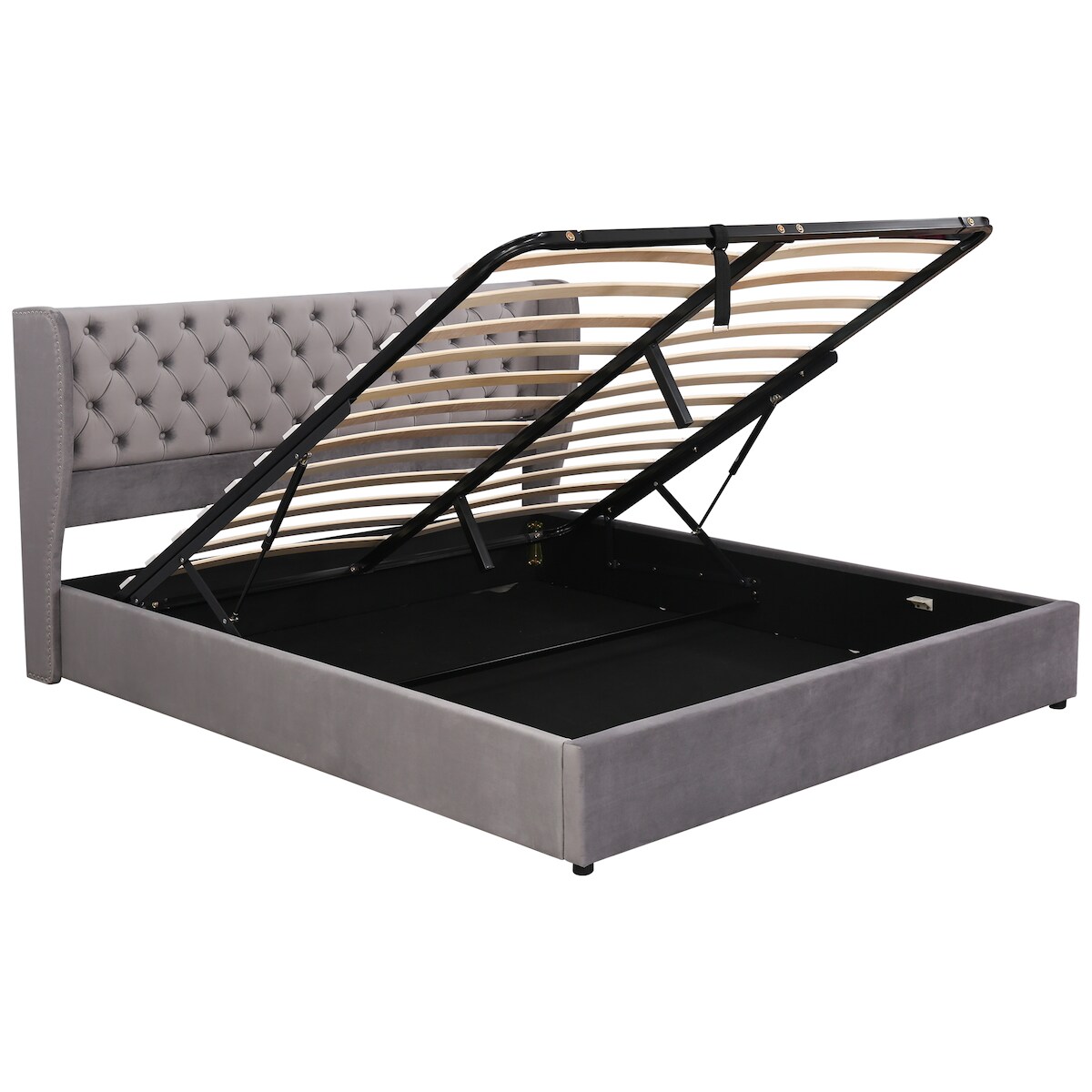 Merax Hydraulisches Polsterbett 160x200 Ohrenform Stauraumbett Knopfnähte Doppelbett aus Samt mit Vliesstoff & Lattenrost Grau Image