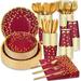 140 Pcs Burgundy and Gold Party Supplies - Paper Plates Napkins Cups Plastic Cutlery