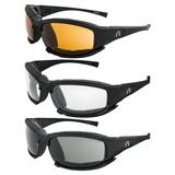 Alpha Omega 3 Motorcycle Sunglasses Foam Padded Riding Safety Glasses Z87.1 Convertible to Goggles for Men or Women 3 Pair Black Frame w/ Amber Clear & Smoke Lenses