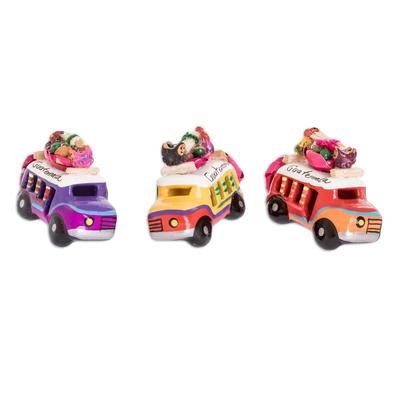 Multicolor Old Time Buses,'Ceramic Refrigerator Magnets of Guatemalan Buses (Set of 3)'